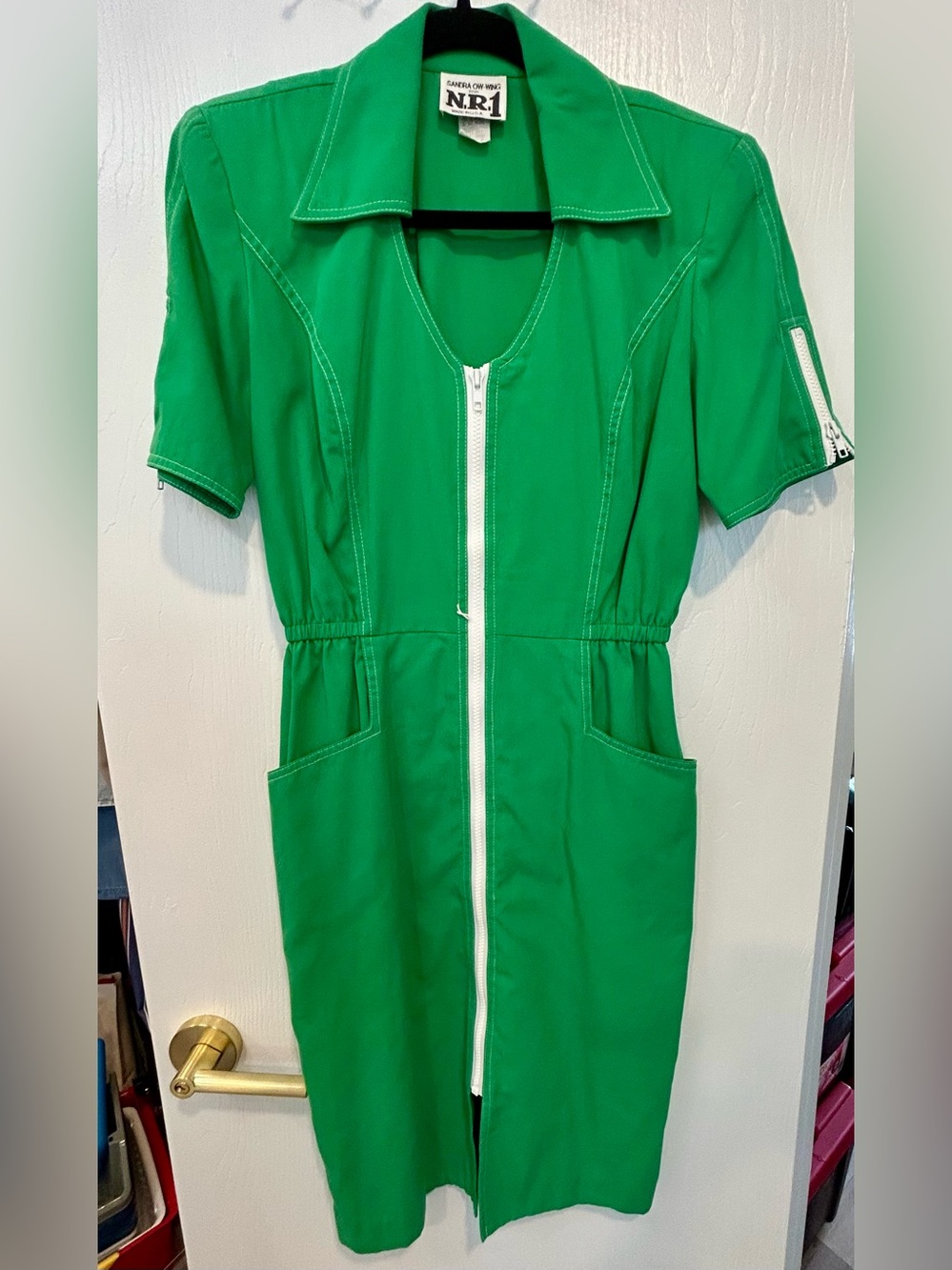 Vintage Sandra Ow-Hing for N.R.1 Green Zip Front Dress Size 8 Made in the USA